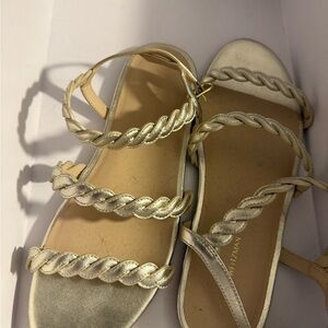 Stuart Weitzman Metallic Gold Braided-Strap Flat Sandals